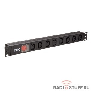 Блок розеток, 8 розеток C13, с LED выключателем, 1U, вилка C14, без шнура, ITK